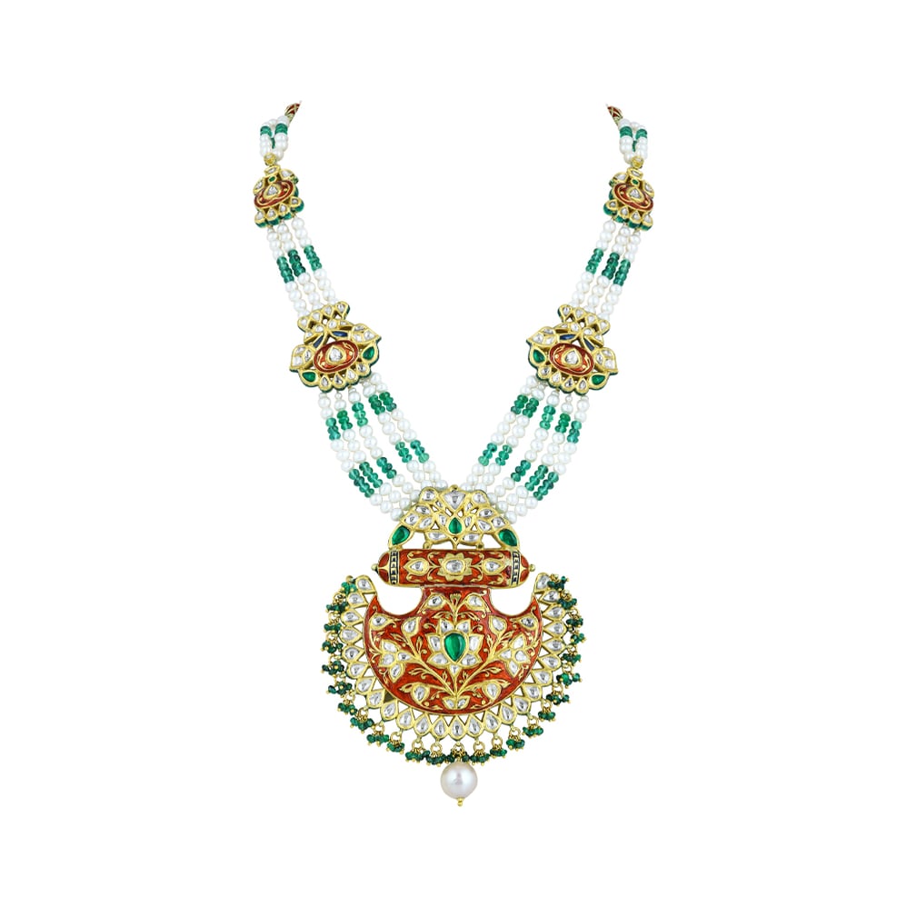Red Enamel Polki Pendant Necklace with Pearls & Emerald Beads